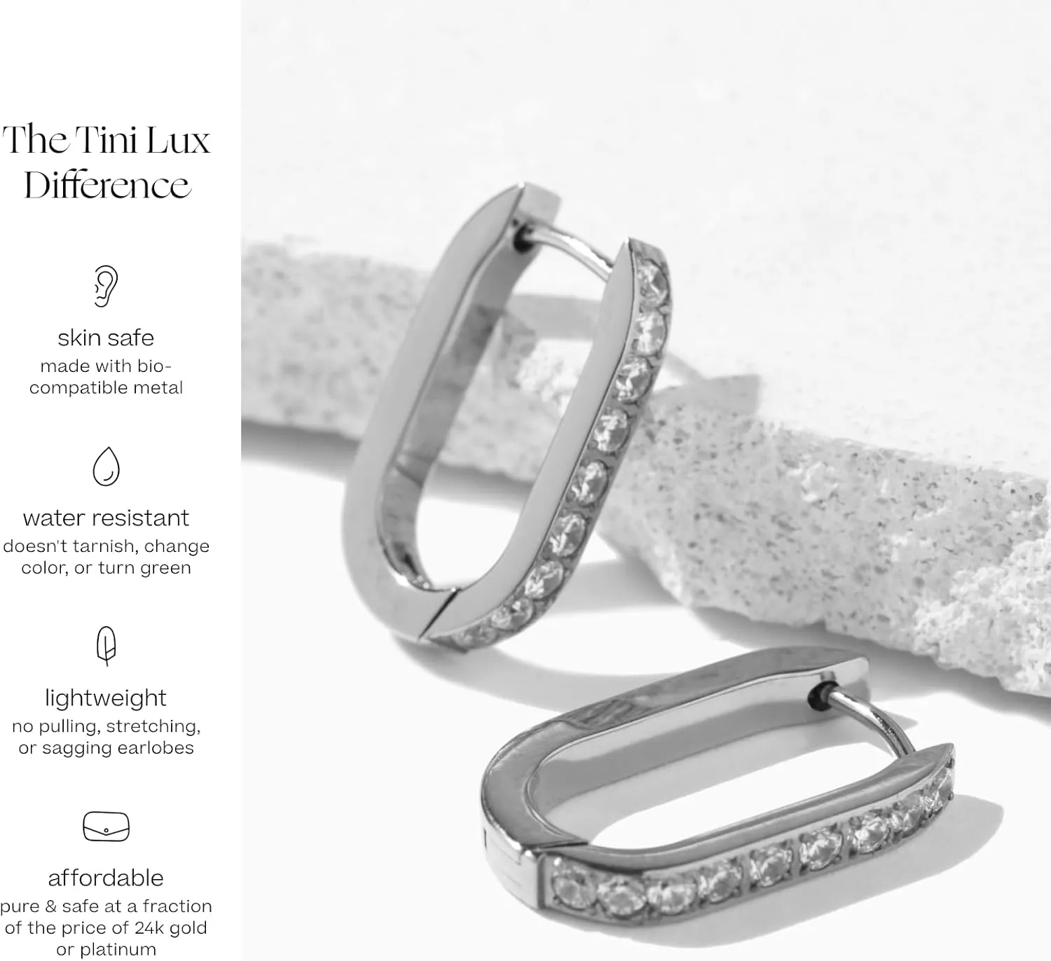 | Hypoallergenic Earrings | Titanium Pav Trendsetter Hoop Earrings | Oval Silver Crystal Detail | Titanium Silver Hoop Earrings | Silver Hoops for Women, Sensitive Ears, Earring Set