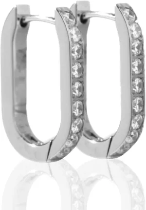 | Hypoallergenic Earrings | Titanium Pav Trendsetter Hoop Earrings | Oval Silver Crystal Detail | Titanium Silver Hoop Earrings | Silver Hoops for Women, Sensitive Ears, Earring Set