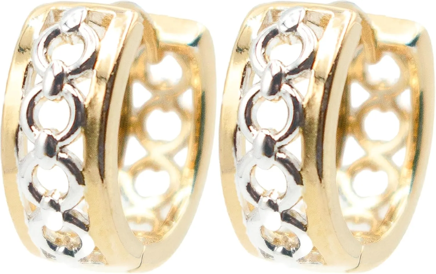 0.62" Inch Two-Tone Chain Style Texture Silver & 14k Yellow Gold Plated Filled Huggie Hoop Earrings for Women