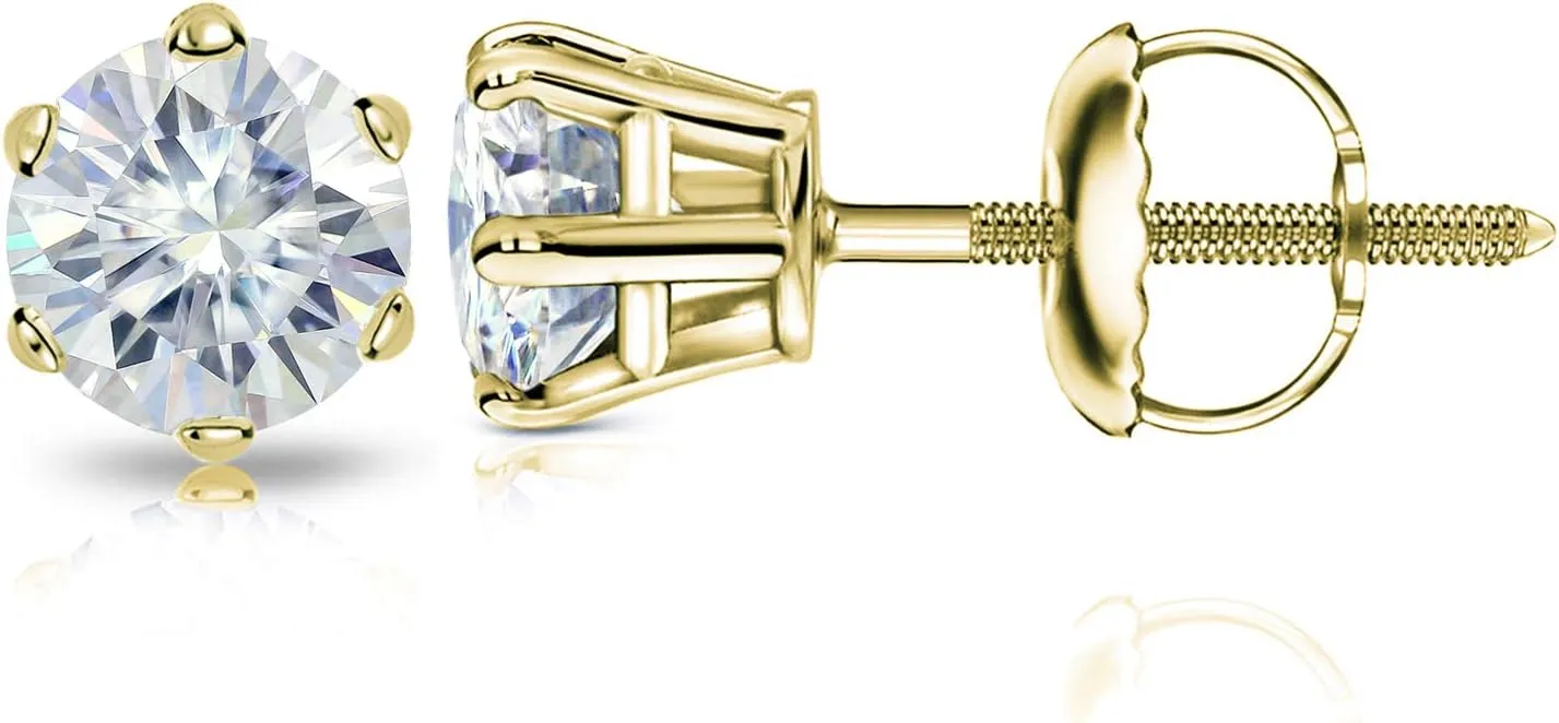 1 to 7 Carat Moissanite Round Stud Earrings for Women in 14k Gold (J-K, TGW) 6-Prong Set Screw Back by Diamond Wish