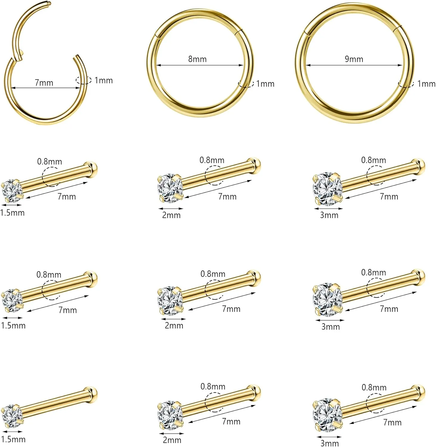 10-12Pcs 18G 20G Nose Rings Studs Hinged Hoop Nose Ring for Women Men Corkscrew Bone L Shaped Nose Studs Hypoallergenic 316L Surgical Steel Nose Piercings Jewelry Small Silver Gold