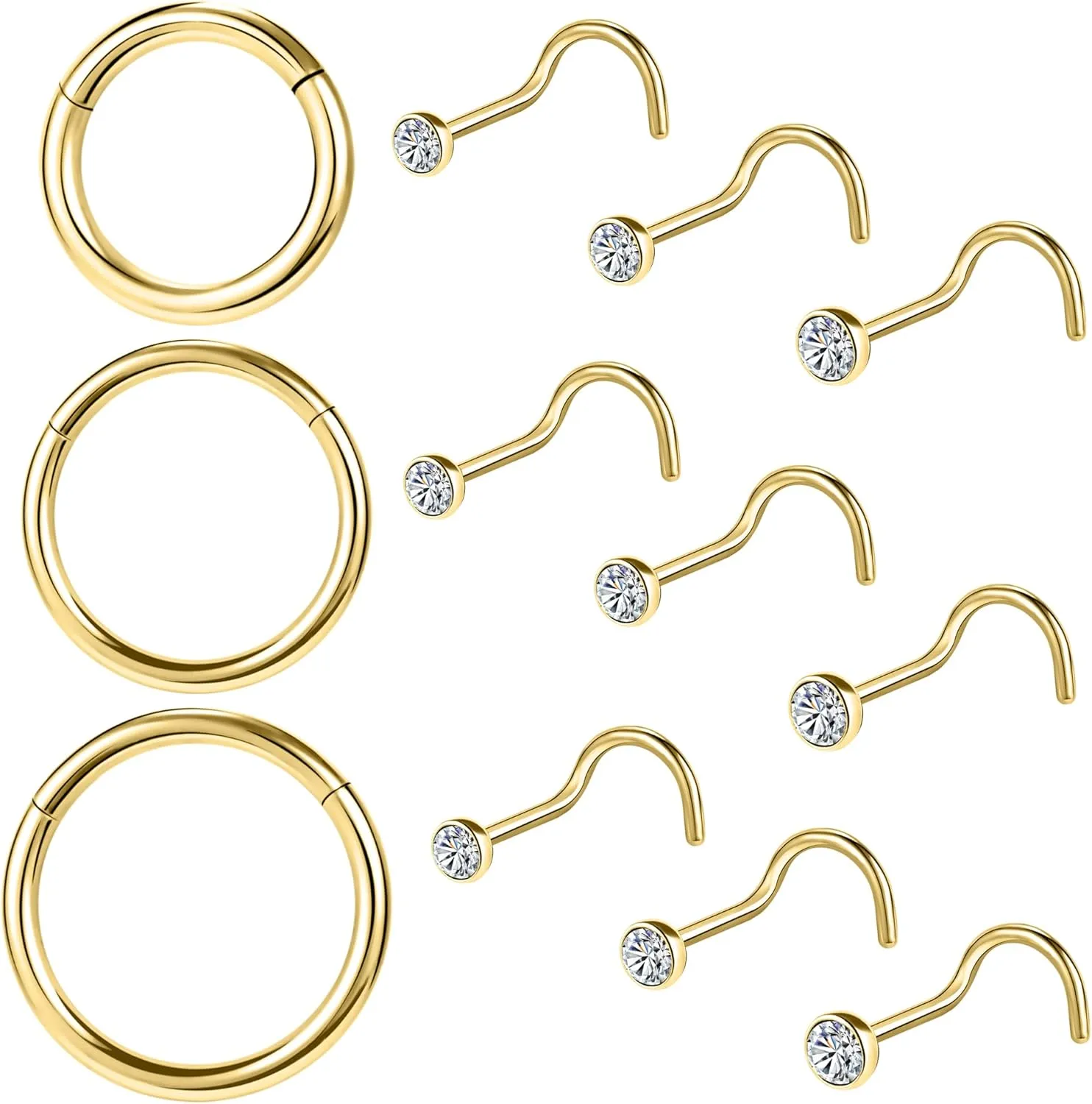10-12Pcs 18G 20G Nose Rings Studs Hinged Hoop Nose Ring for Women Men Corkscrew Bone L Shaped Nose Studs Hypoallergenic 316L Surgical Steel Nose Piercings Jewelry Small Silver Gold