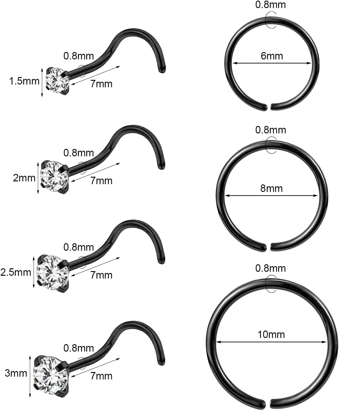10-12Pcs 18G 20G Nose Rings Studs Hinged Hoop Nose Ring for Women Men Corkscrew Bone L Shaped Nose Studs Hypoallergenic 316L Surgical Steel Nose Piercings Jewelry Small Silver Gold