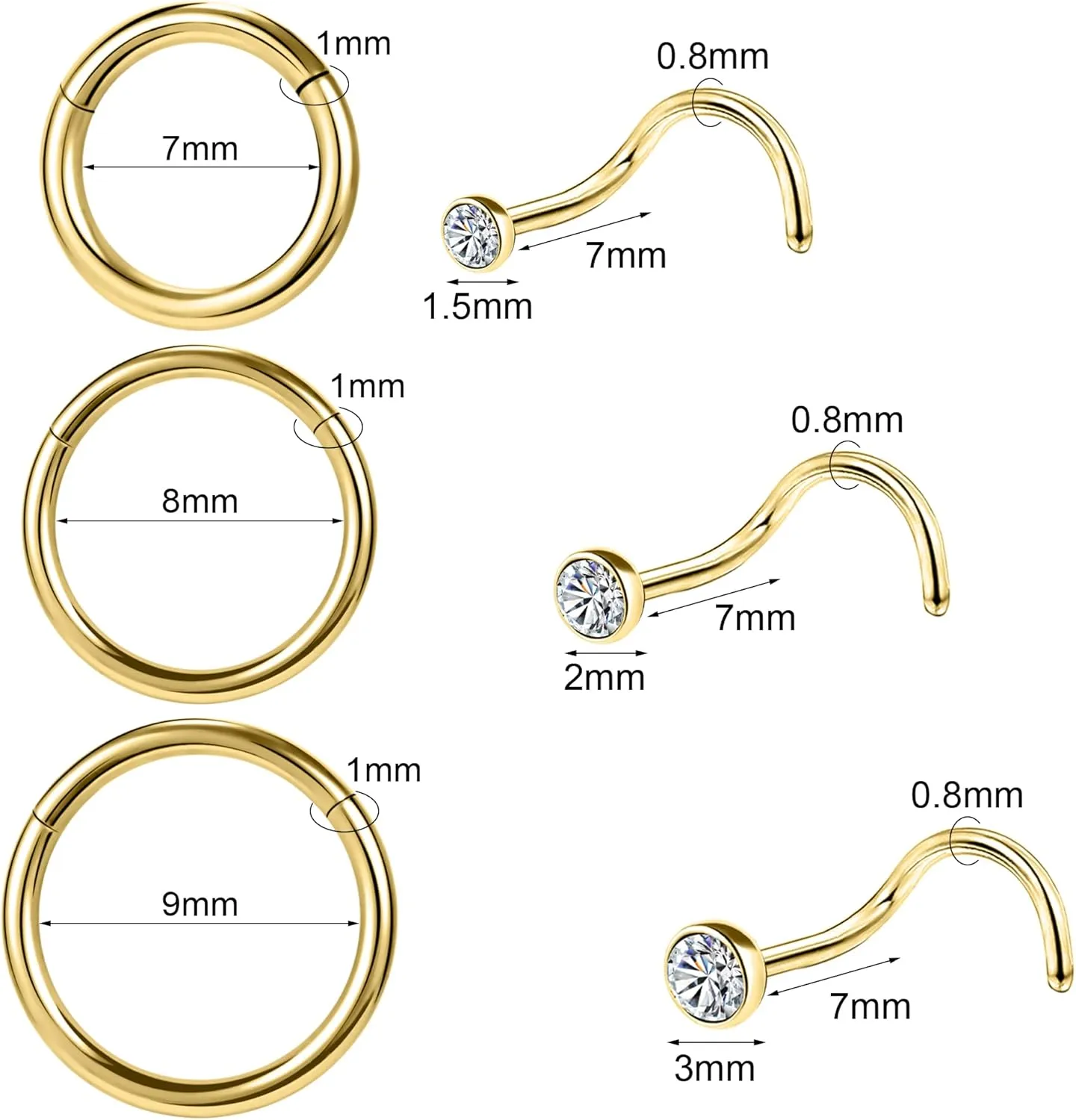 10-12Pcs 18G 20G Nose Rings Studs Hinged Hoop Nose Ring for Women Men Corkscrew Bone L Shaped Nose Studs Hypoallergenic 316L Surgical Steel Nose Piercings Jewelry Small Silver Gold