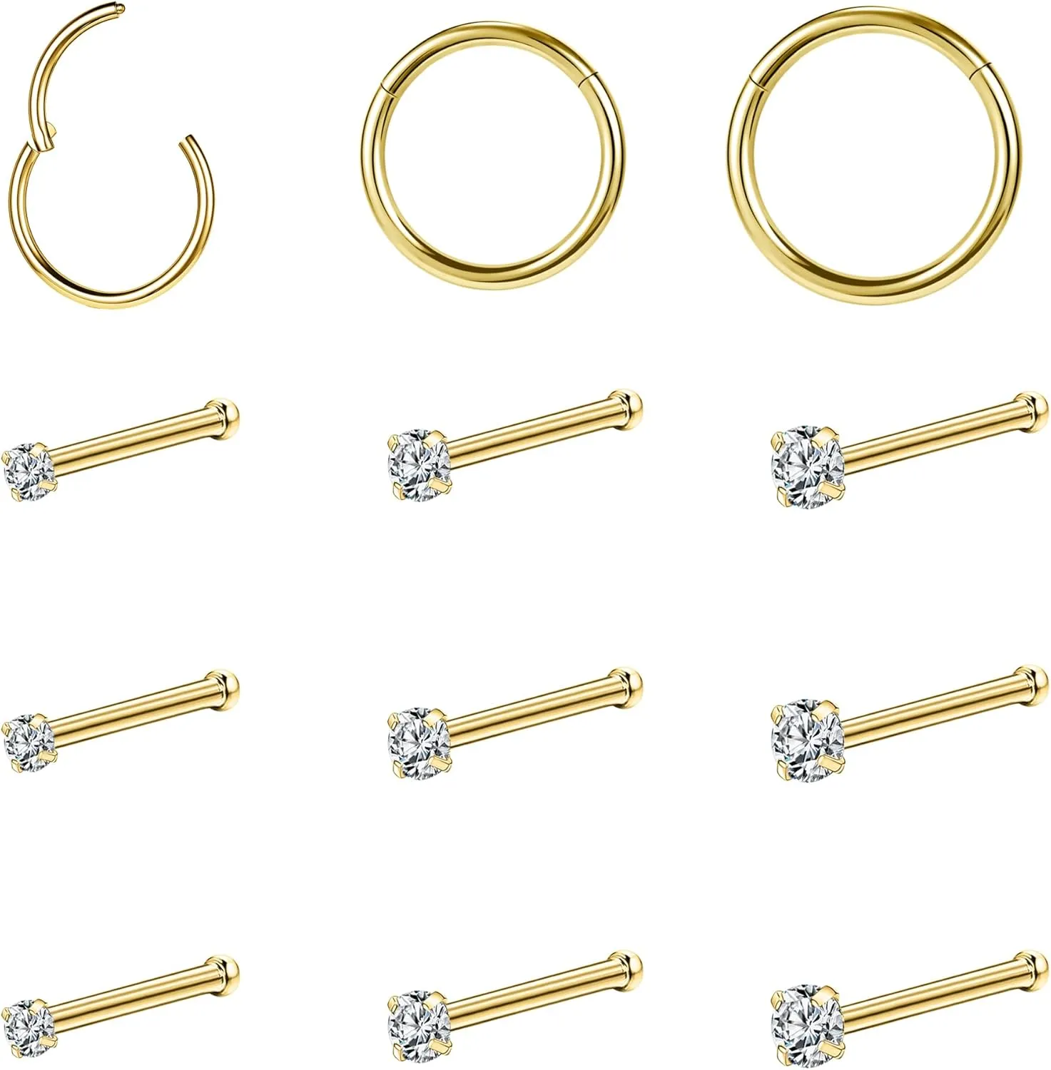 10-12Pcs 18G 20G Nose Rings Studs Hinged Hoop Nose Ring for Women Men Corkscrew Bone L Shaped Nose Studs Hypoallergenic 316L Surgical Steel Nose Piercings Jewelry Small Silver Gold
