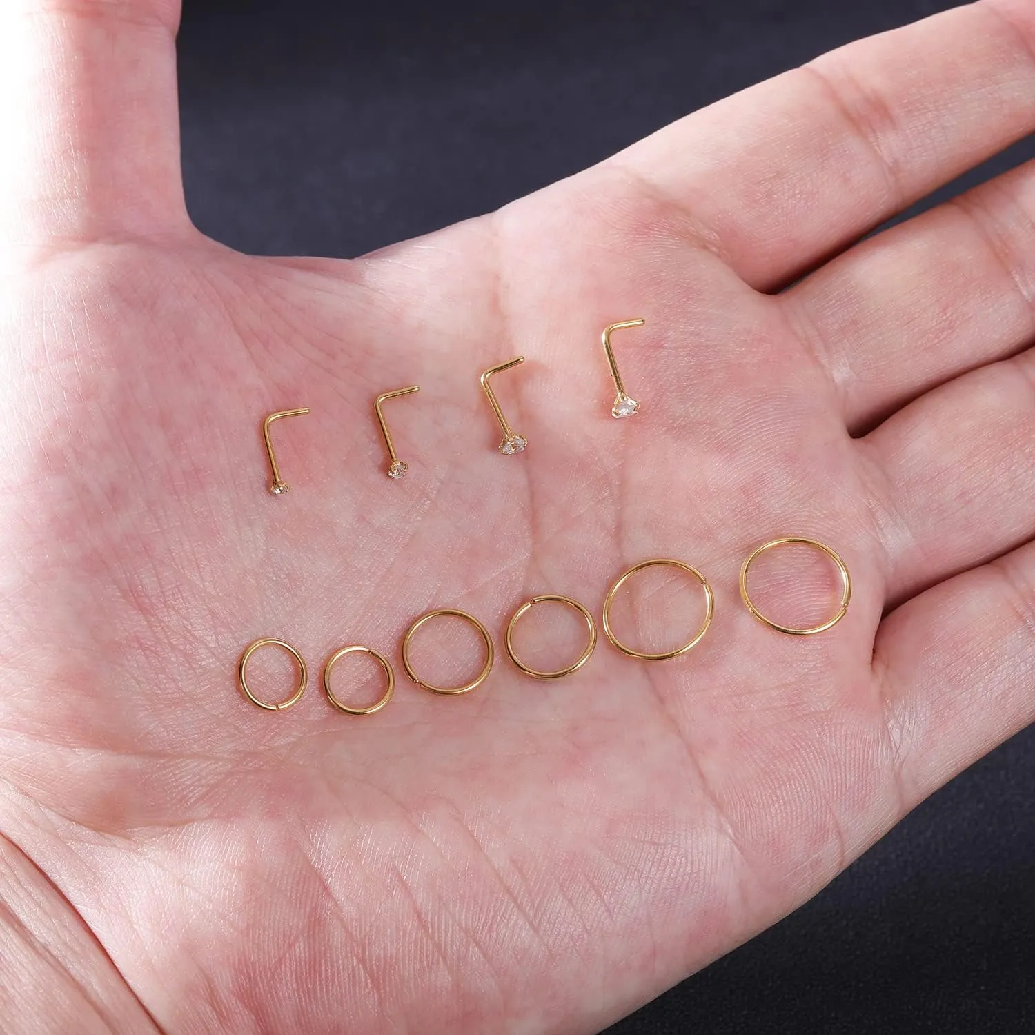 10-12Pcs 18G 20G Nose Rings Studs Hinged Hoop Nose Ring for Women Men Corkscrew Bone L Shaped Nose Studs Hypoallergenic 316L Surgical Steel Nose Piercings Jewelry Small Silver Gold