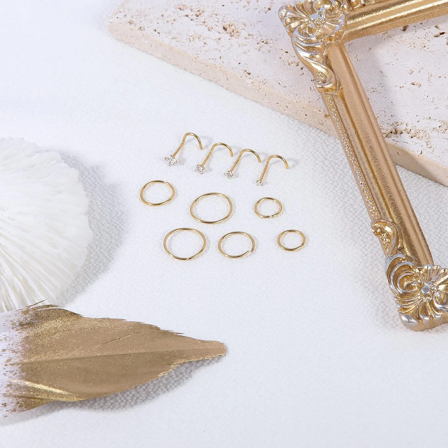 10-12Pcs 18G 20G Nose Rings Studs Hinged Hoop Nose Ring for Women Men Corkscrew Bone L Shaped Nose Studs Hypoallergenic 316L Surgical Steel Nose Piercings Jewelry Small Silver Gold