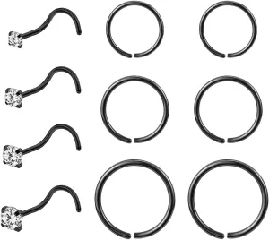 10-12Pcs 18G 20G Nose Rings Studs Hinged Hoop Nose Ring for Women Men Corkscrew Bone L Shaped Nose Studs Hypoallergenic 316L Surgical Steel Nose Piercings Jewelry Small Silver Gold