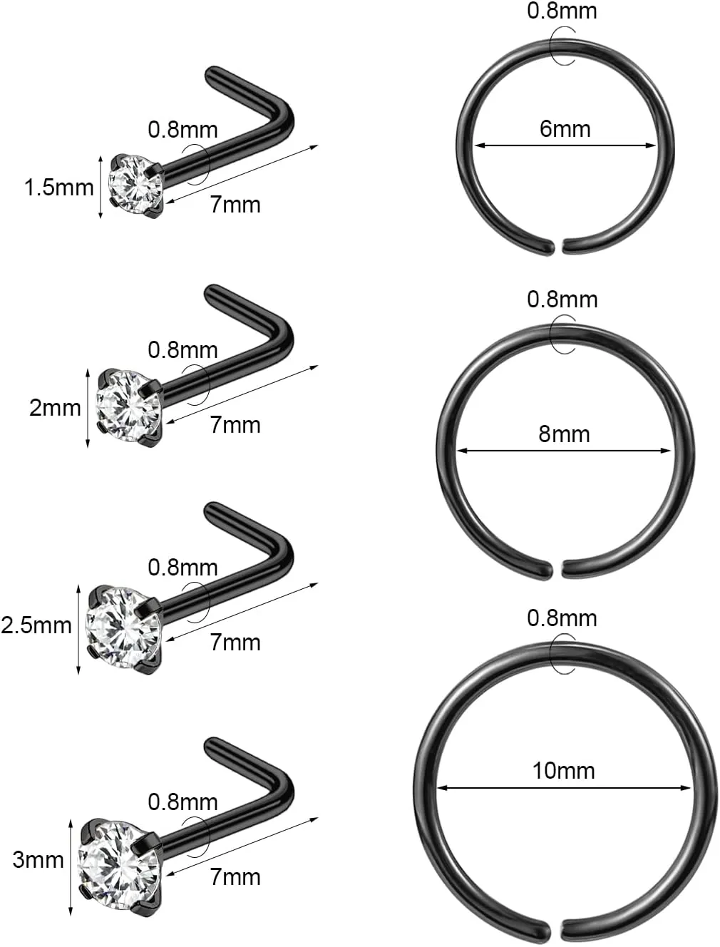 10-12Pcs 18G 20G Nose Rings Studs Hinged Hoop Nose Ring for Women Men Corkscrew Bone L Shaped Nose Studs Hypoallergenic 316L Surgical Steel Nose Piercings Jewelry Small Silver Gold