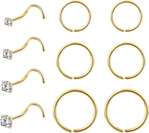 10-12Pcs 18G 20G Nose Rings Studs Hinged Hoop Nose Ring for Women Men Corkscrew Bone L Shaped Nose Studs Hypoallergenic 316L Surgical Steel Nose Piercings Jewelry Small Silver Gold