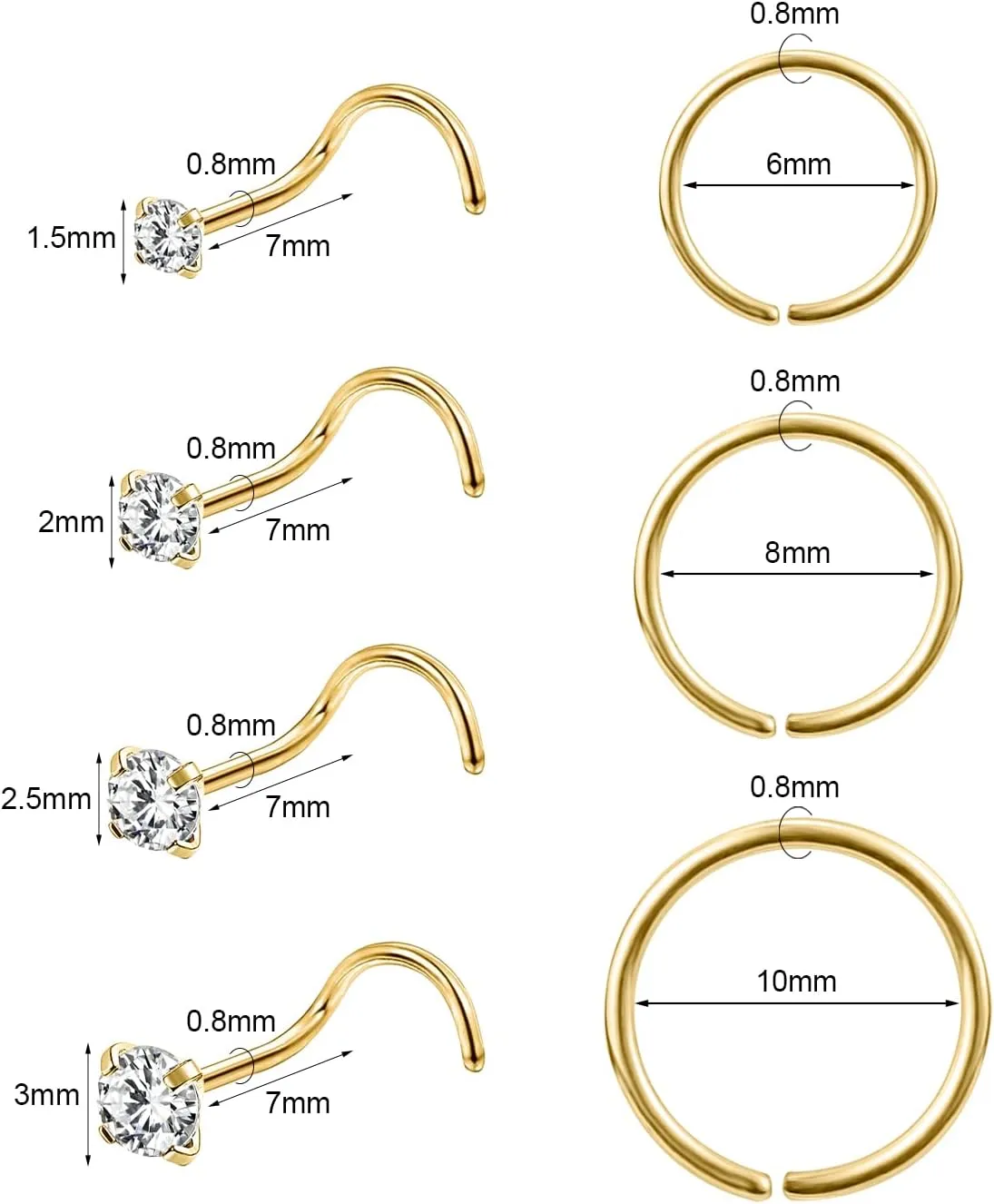 10-12Pcs 18G 20G Nose Rings Studs Hinged Hoop Nose Ring for Women Men Corkscrew Bone L Shaped Nose Studs Hypoallergenic 316L Surgical Steel Nose Piercings Jewelry Small Silver Gold