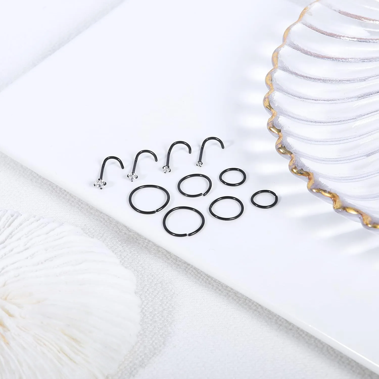 10-12Pcs 18G 20G Nose Rings Studs Hinged Hoop Nose Ring for Women Men Corkscrew Bone L Shaped Nose Studs Hypoallergenic 316L Surgical Steel Nose Piercings Jewelry Small Silver Gold