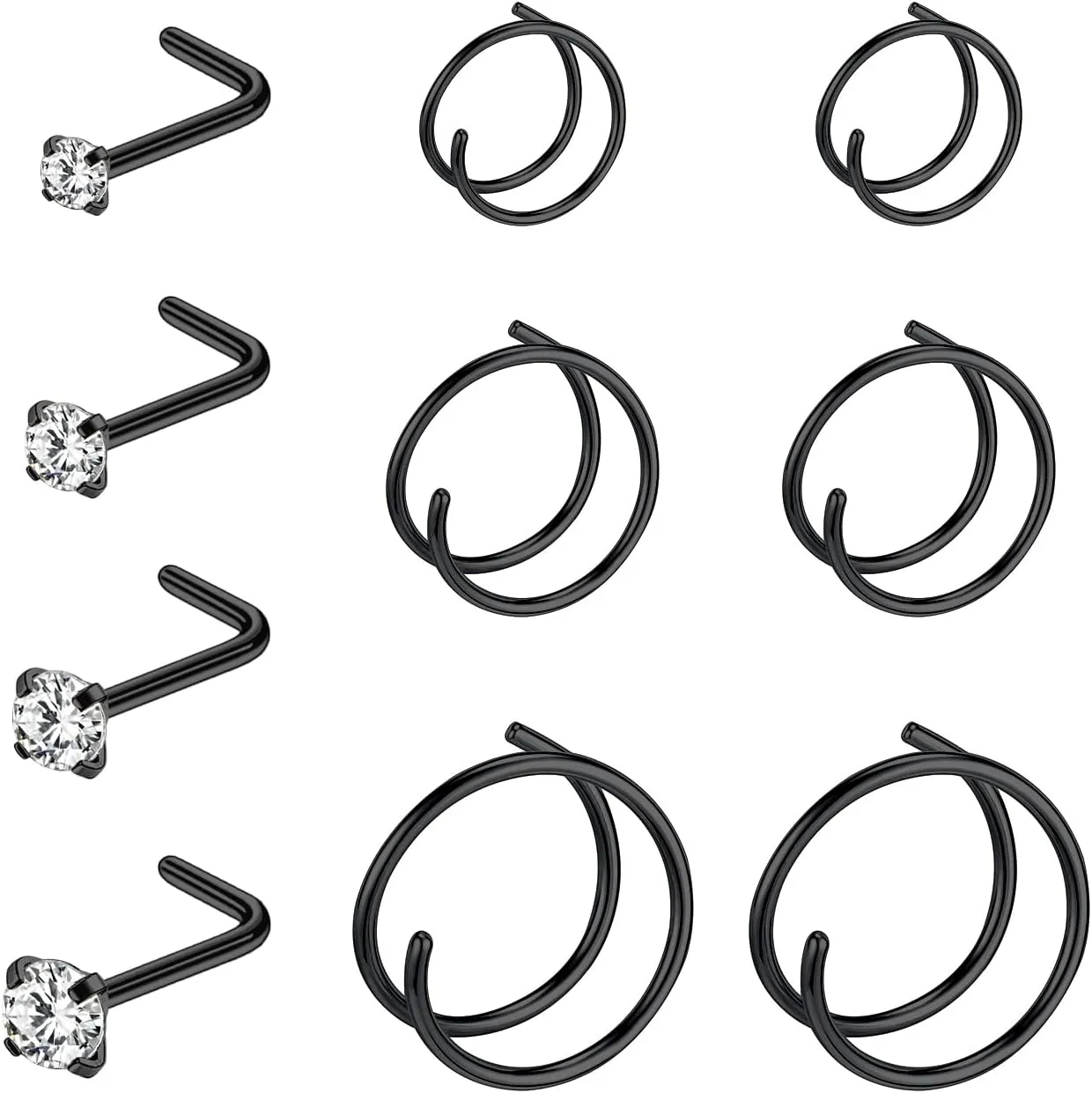 10-12Pcs 18G 20G Nose Rings Studs Hinged Hoop Nose Ring for Women Men Corkscrew Bone L Shaped Nose Studs Hypoallergenic 316L Surgical Steel Nose Piercings Jewelry Small Silver Gold