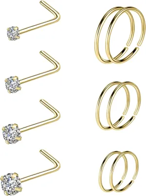 10-12Pcs 18G 20G Nose Rings Studs Hinged Hoop Nose Ring for Women Men Corkscrew Bone L Shaped Nose Studs Hypoallergenic 316L Surgical Steel Nose Piercings Jewelry Small Silver Gold