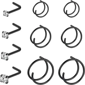 10-12Pcs 18G 20G Nose Rings Studs Hinged Hoop Nose Ring for Women Men Corkscrew Bone L Shaped Nose Studs Hypoallergenic 316L Surgical Steel Nose Piercings Jewelry Small Silver Gold