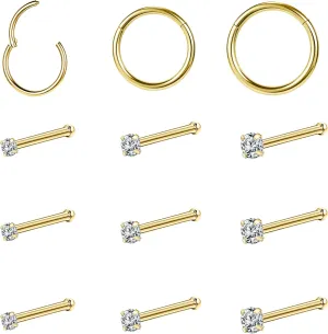 10-12Pcs 18G 20G Nose Rings Studs Hinged Hoop Nose Ring for Women Men Corkscrew Bone L Shaped Nose Studs Hypoallergenic 316L Surgical Steel Nose Piercings Jewelry Small Silver Gold
