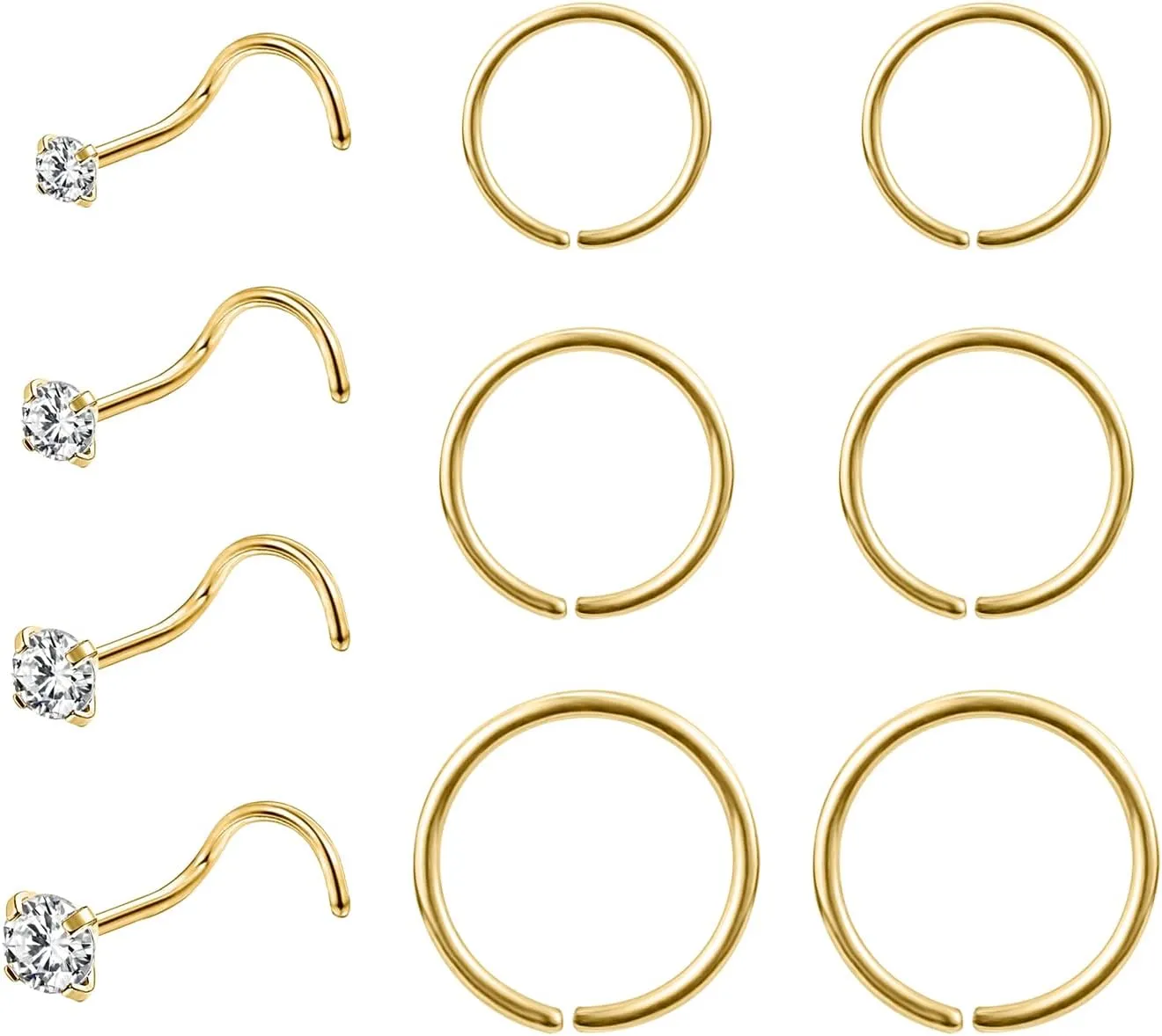 10-12Pcs 18G 20G Nose Rings Studs Hinged Hoop Nose Ring for Women Men Corkscrew Bone L Shaped Nose Studs Hypoallergenic 316L Surgical Steel Nose Piercings Jewelry Small Silver Gold