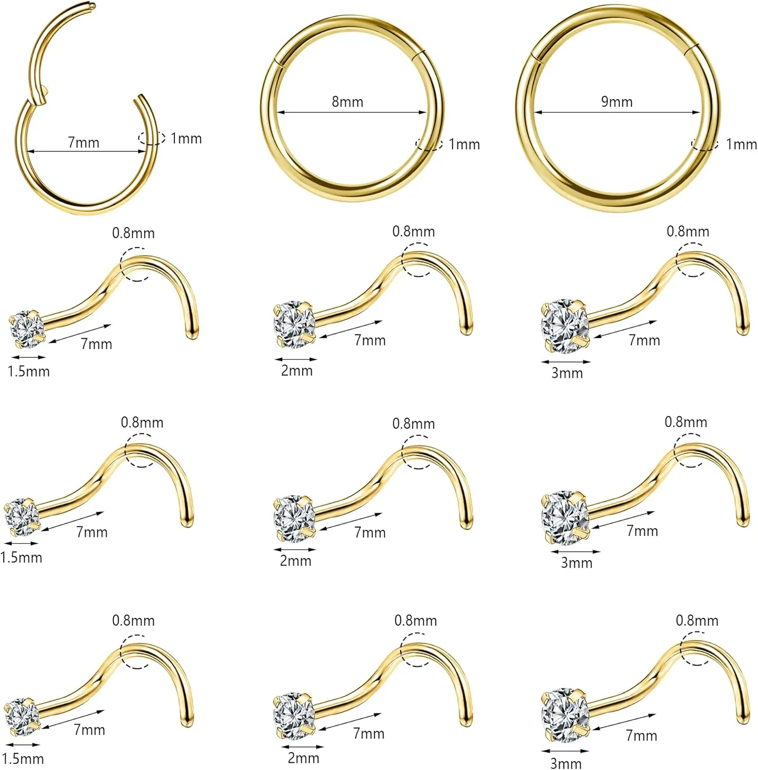 10-12Pcs 18G 20G Nose Rings Studs Hinged Hoop Nose Ring for Women Men Corkscrew Bone L Shaped Nose Studs Hypoallergenic 316L Surgical Steel Nose Piercings Jewelry Small Silver Gold