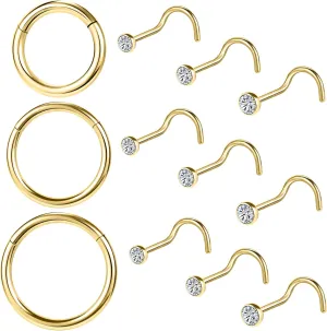 10-12Pcs 18G 20G Nose Rings Studs Hinged Hoop Nose Ring for Women Men Corkscrew Bone L Shaped Nose Studs Hypoallergenic 316L Surgical Steel Nose Piercings Jewelry Small Silver Gold