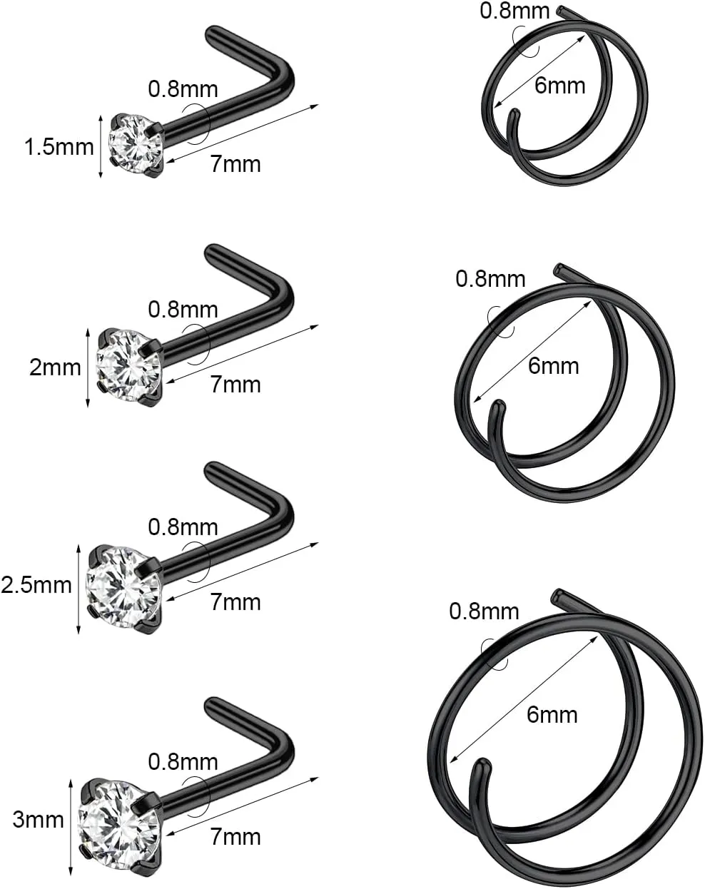 10-12Pcs 18G 20G Nose Rings Studs Hinged Hoop Nose Ring for Women Men Corkscrew Bone L Shaped Nose Studs Hypoallergenic 316L Surgical Steel Nose Piercings Jewelry Small Silver Gold