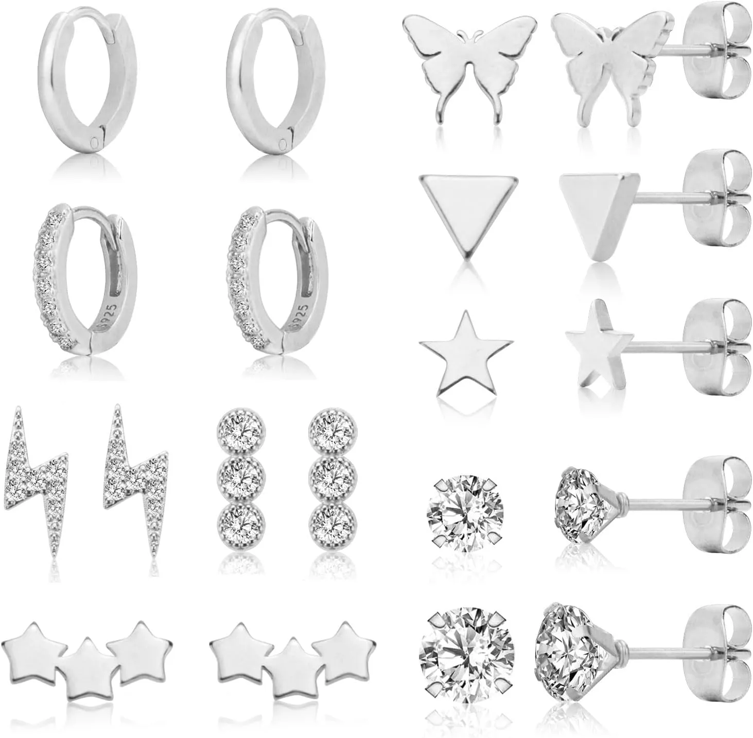 10 Pairs Silver Studs Earrings and Hoops Set for Women Fashion Hypoallergenic Small Simple Chic Cubic Zirconia Star Triangle Butterfly Lighting Bolt Stud Earrings