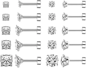 10 Pairs Stainless Steel Flat Back Stud Earrings Set for Women Hypoallergenic 316L Surgical Steel Cubic Zirconia Stud Earring Flatback Studs Earing for Men(10 Pairs)