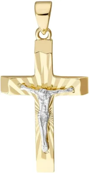 10k Yellow and White Gold 14.7mm Sparkle Cut Religious Faith Cross With Jesus Crucifix Pendant Necklace-Pendant for Women