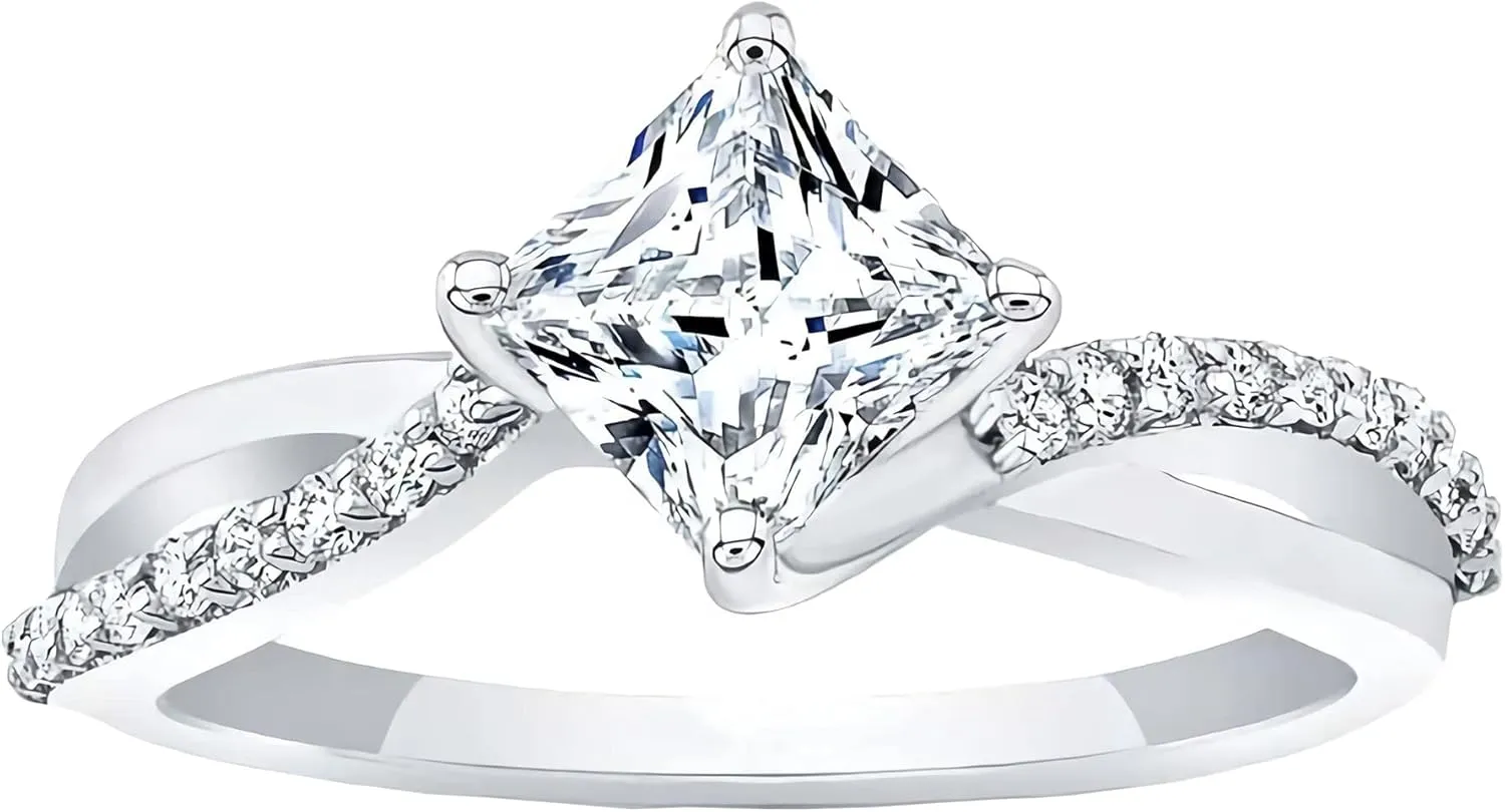 1.15 Carat (ctw) Princess Cut Moissanite Engagement Rings for Women 925 Sterling Silver Ring Women's Platinum Plated Silver Ring Twisting Moissanite Rings for Women Twisted Wedding Band