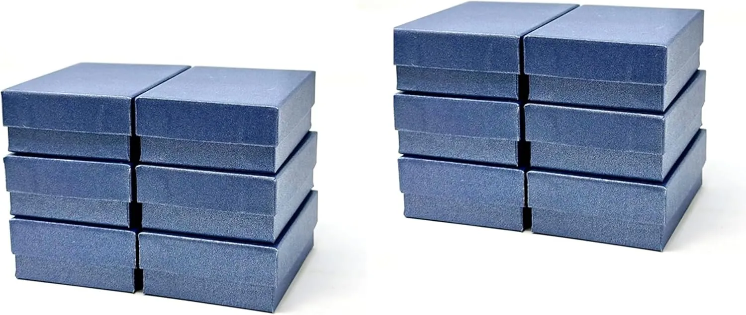 12 Pack Pearl Blue Color Paper Cotton Filled Cardboard Jewelry Box for Necklace, Ring, Earring, Pendant, Pocket Watch, Body Jewelry, Beads Size-3 1/16" x 2 1/8" x 1" - by R J Displays