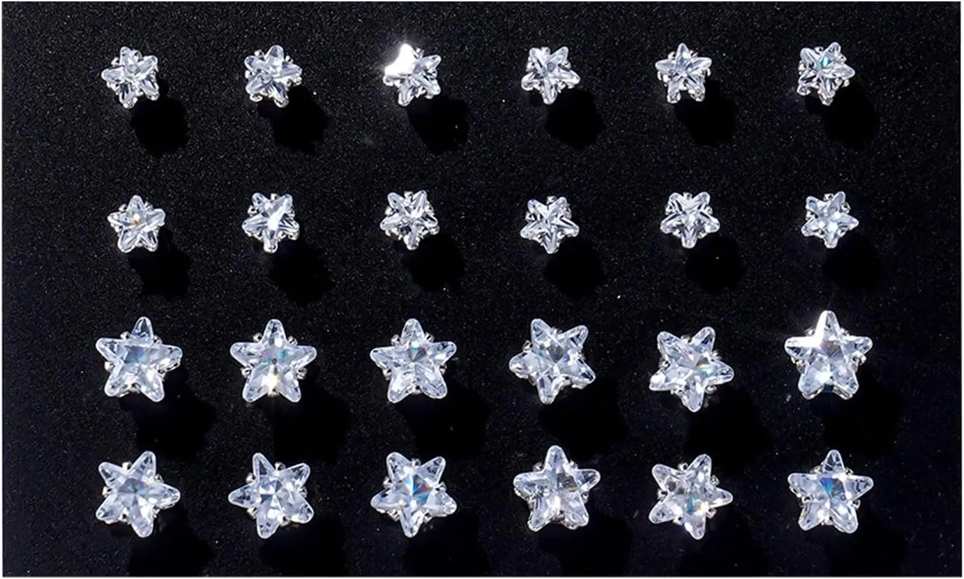 12 Pairs Stud Earrings Set Cubic Zirconia Stud Earrings for Women Small Stainless Steel Earrings Dainty Round Star Heart Square Rhinestone Stud Earring 3-7mm