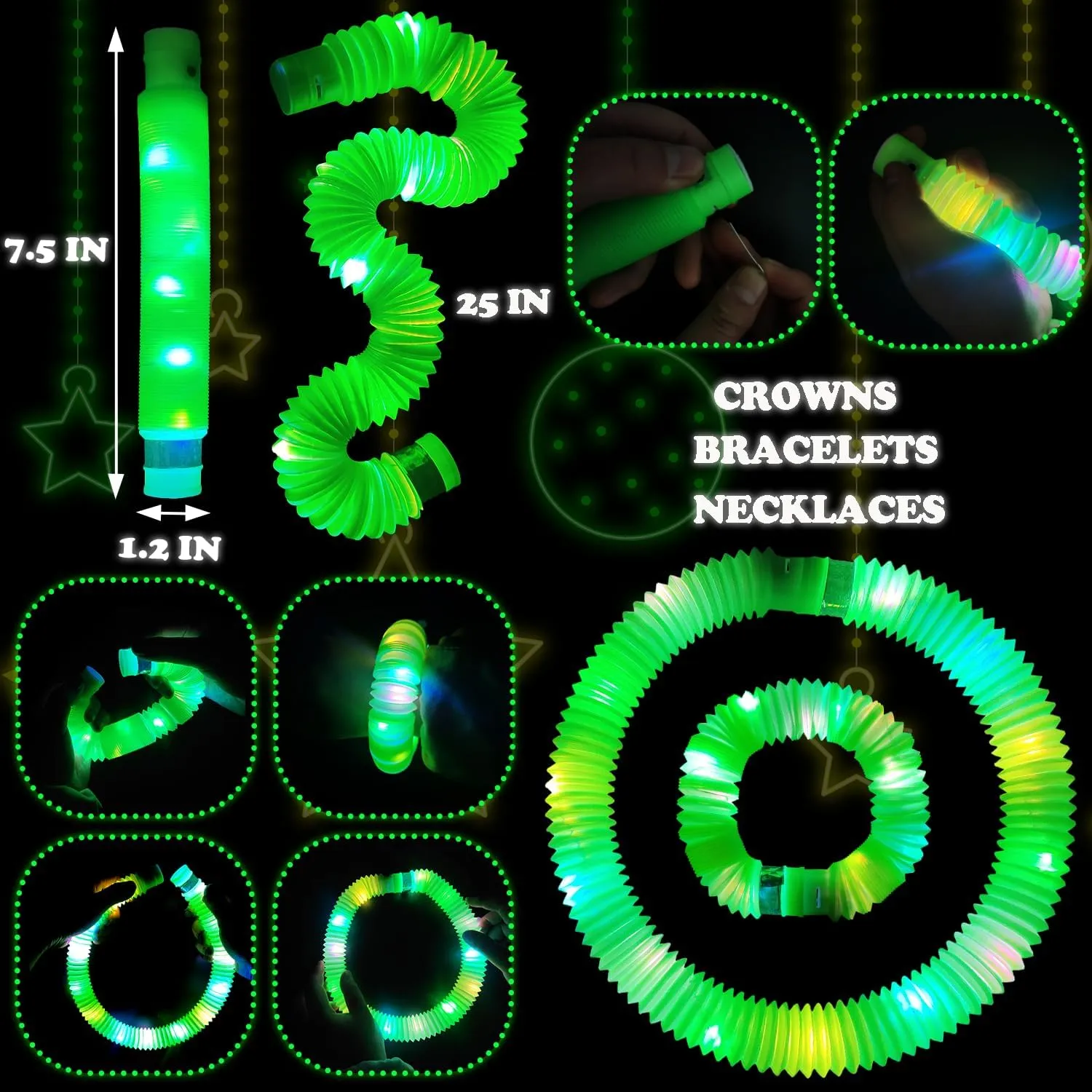 12 PCS Green Glow Sticks Party Favors for Kids, LED Light up Pop Tubes for Toddlers, Neon Necklaces Bracelets Accessories, Glow Birthday Dance Wedding Camping Party Supplies Decorations