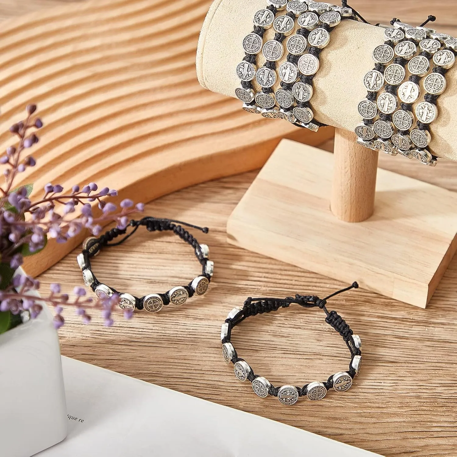 12/6 Pieces Pack San Benito Bracelets Protection Handmade Red Black Cord Benedict Wrist Bracelets Adjustable Medal Rosary Bracelet Luck Benedictine Serenity Blessing Friendship Bracelet for Women Men