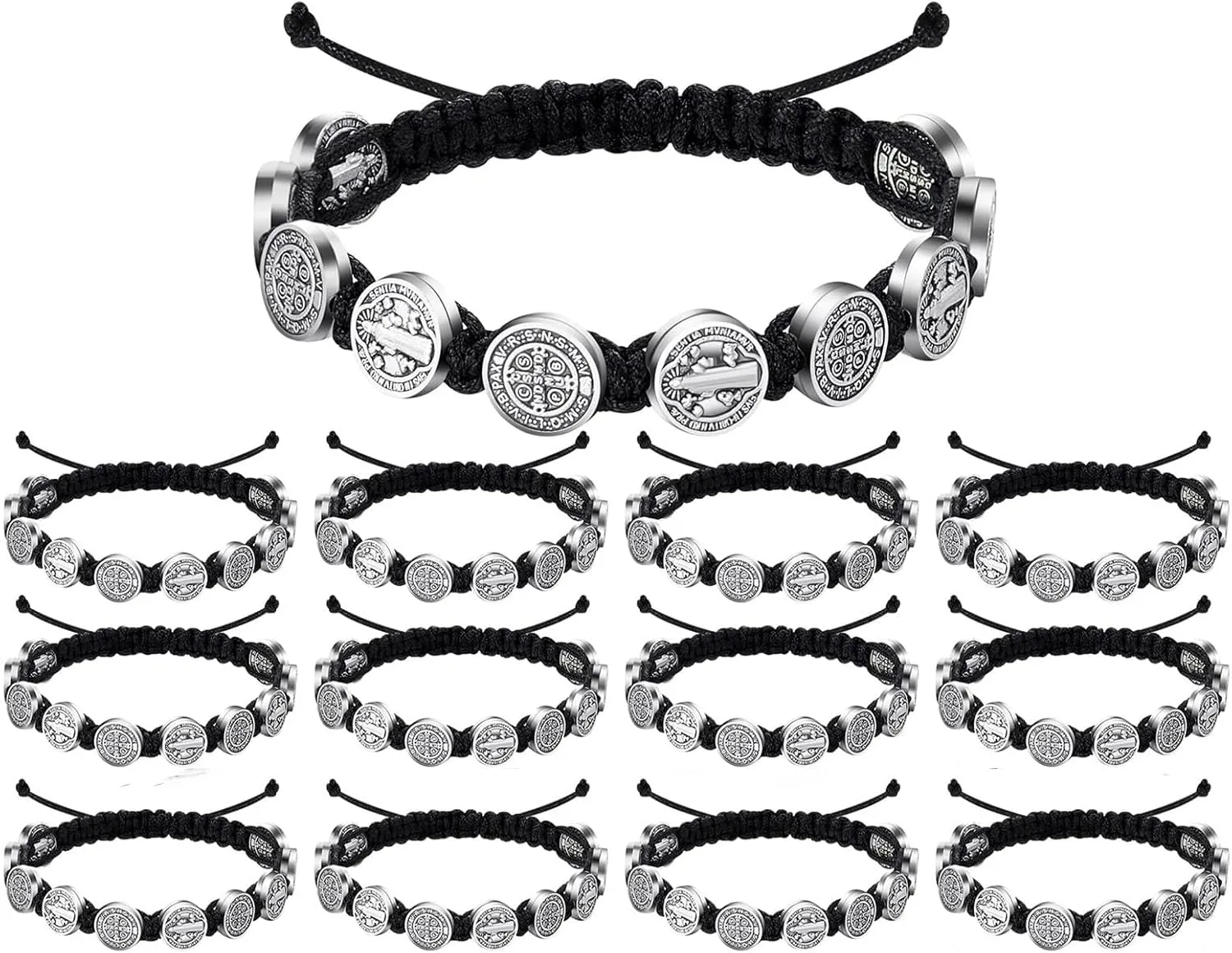 12/6 Pieces Pack San Benito Bracelets Protection Handmade Red Black Cord Benedict Wrist Bracelets Adjustable Medal Rosary Bracelet Luck Benedictine Serenity Blessing Friendship Bracelet for Women Men