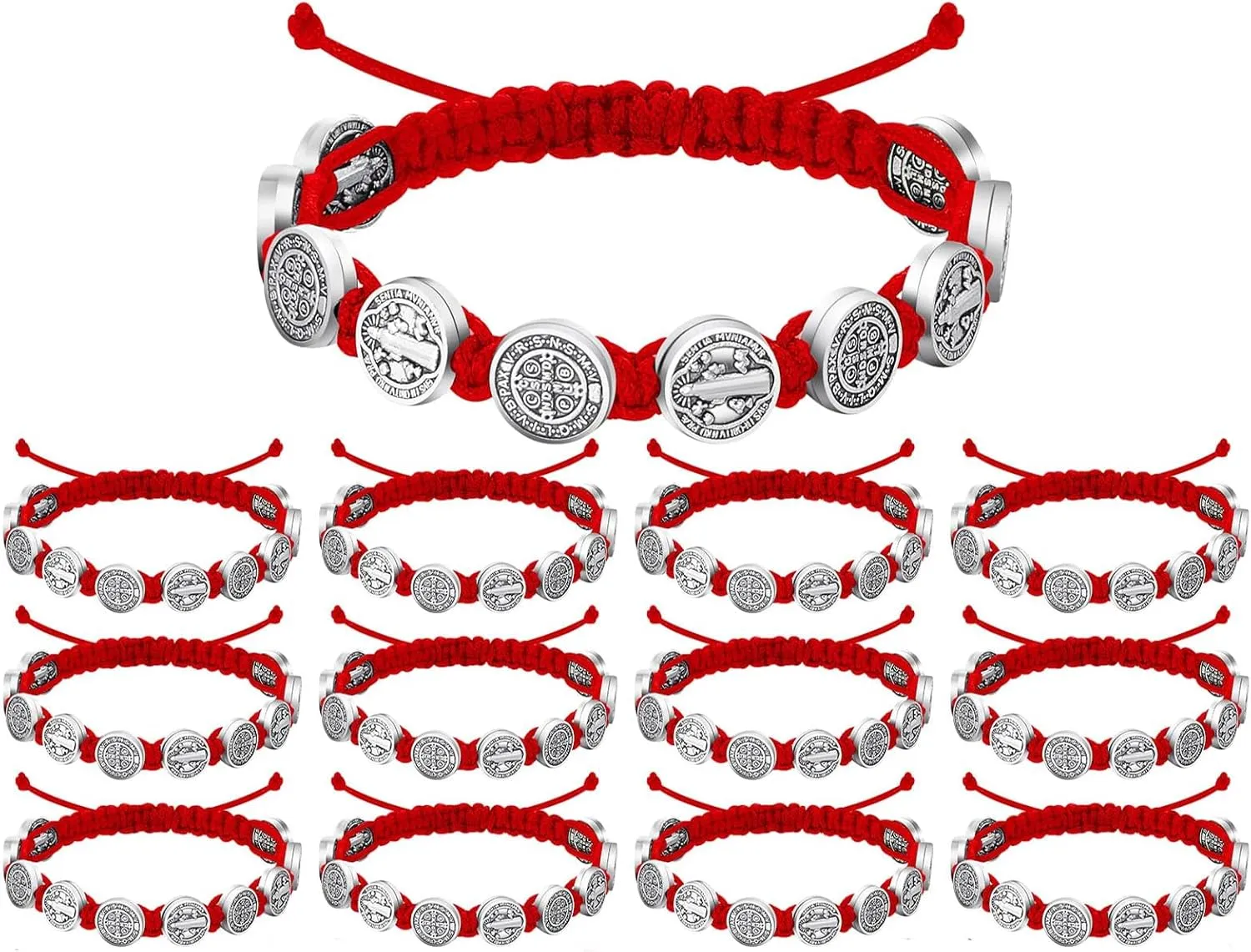 12/6 Pieces Pack San Benito Bracelets Protection Handmade Red Black Cord Benedict Wrist Bracelets Adjustable Medal Rosary Bracelet Luck Benedictine Serenity Blessing Friendship Bracelet for Women Men