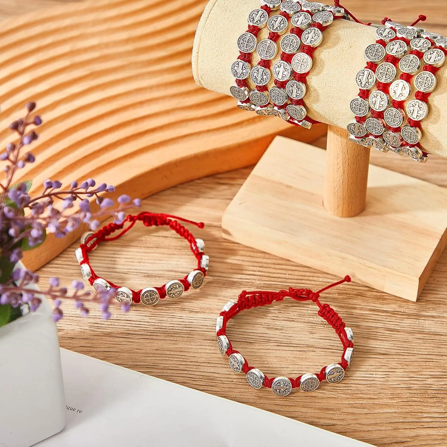 12/6 Pieces Pack San Benito Bracelets Protection Handmade Red Black Cord Benedict Wrist Bracelets Adjustable Medal Rosary Bracelet Luck Benedictine Serenity Blessing Friendship Bracelet for Women Men