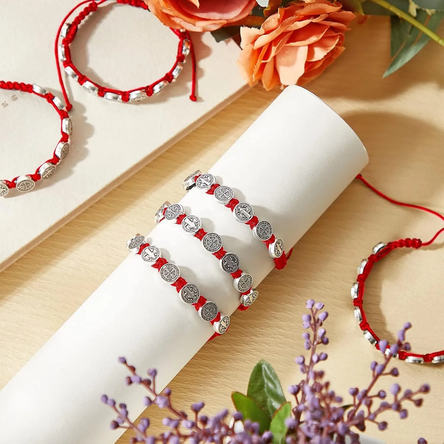 12/6 Pieces Pack San Benito Bracelets Protection Handmade Red Black Cord Benedict Wrist Bracelets Adjustable Medal Rosary Bracelet Luck Benedictine Serenity Blessing Friendship Bracelet for Women Men