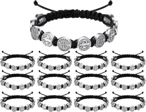 12/6 Pieces Pack San Benito Bracelets Protection Handmade Red Black Cord Benedict Wrist Bracelets Adjustable Medal Rosary Bracelet Luck Benedictine Serenity Blessing Friendship Bracelet for Women Men