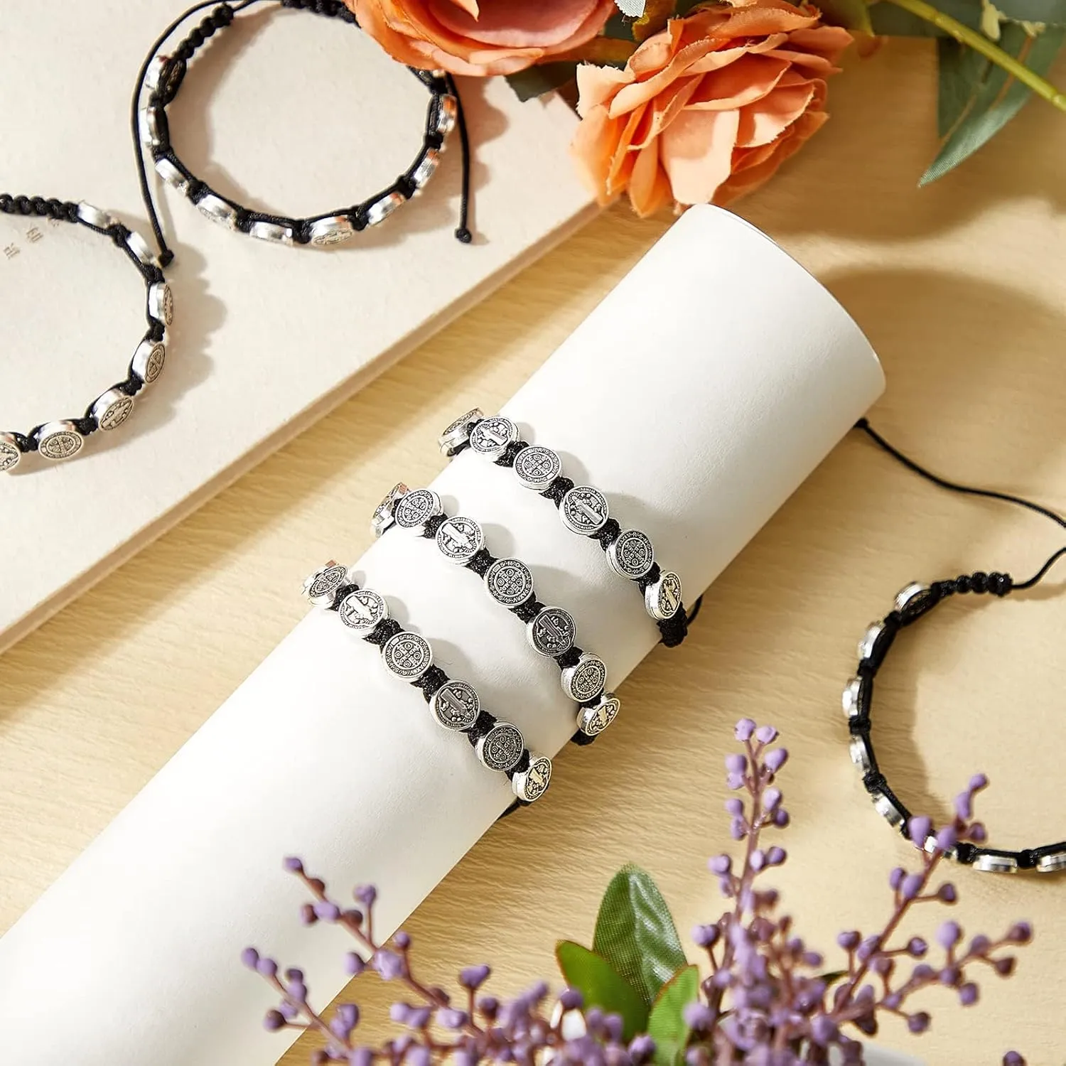 12/6 Pieces Pack San Benito Bracelets Protection Handmade Red Black Cord Benedict Wrist Bracelets Adjustable Medal Rosary Bracelet Luck Benedictine Serenity Blessing Friendship Bracelet for Women Men