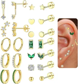 12Pairs Dainty 16K Gold Flat Back Earrings Hypoallergenic Cartilage Earring Sets for Multiple Piercing 20G Surgical Stainless Steel Earrings Stacks Small Hoop Flatback Stud Earrings