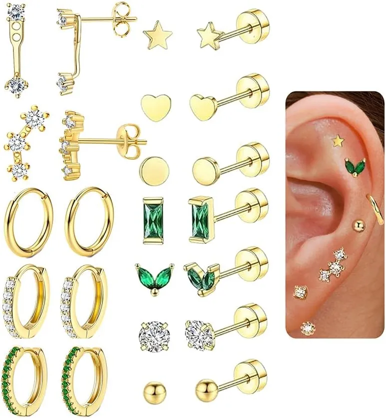12Pairs Dainty 16K Gold Flat Back Earrings Hypoallergenic Cartilage Earring Sets for Multiple Piercing 20G Surgical Stainless Steel Earrings Stacks Small Hoop Flatback Stud Earrings