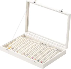 14 Grids Necklace Organizer Box, Necklace Holder Tray with Transparent Glass Lid, Velvet Necklace Display Tray Jewelry Box for Pendant Chian Necklace Home Use or Selling Show (Beige)