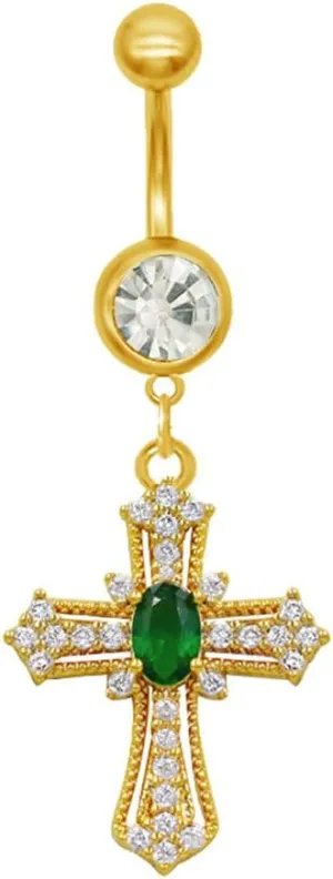 14G Green Crystal Cross Dangle Belly Button Ring 18K Gold Plated Stainless Steel Cubic Zirconia Cross Navel Rings Belly Curved Barbell Body Piercing Jewelry for Women