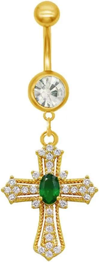 14G Green Crystal Cross Dangle Belly Button Ring 18K Gold Plated Stainless Steel Cubic Zirconia Cross Navel Rings Belly Curved Barbell Body Piercing Jewelry for Women