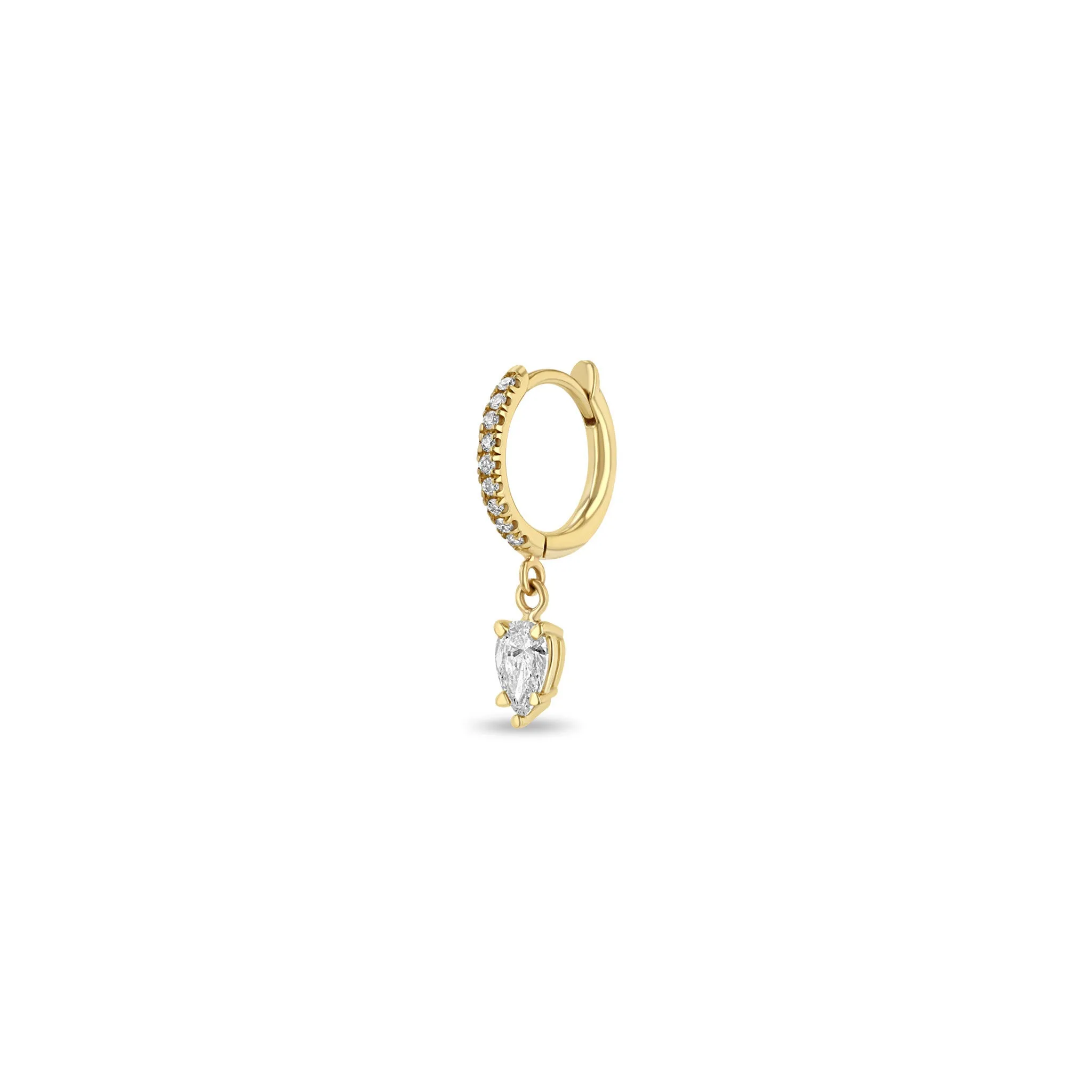 14k Dangling Pear Diamond Small Pavé Diamond Hinge Huggie Hoops