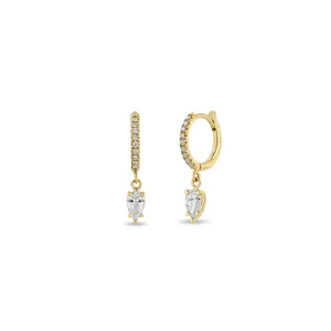 14k Dangling Pear Diamond Small Pavé Diamond Hinge Huggie Hoops