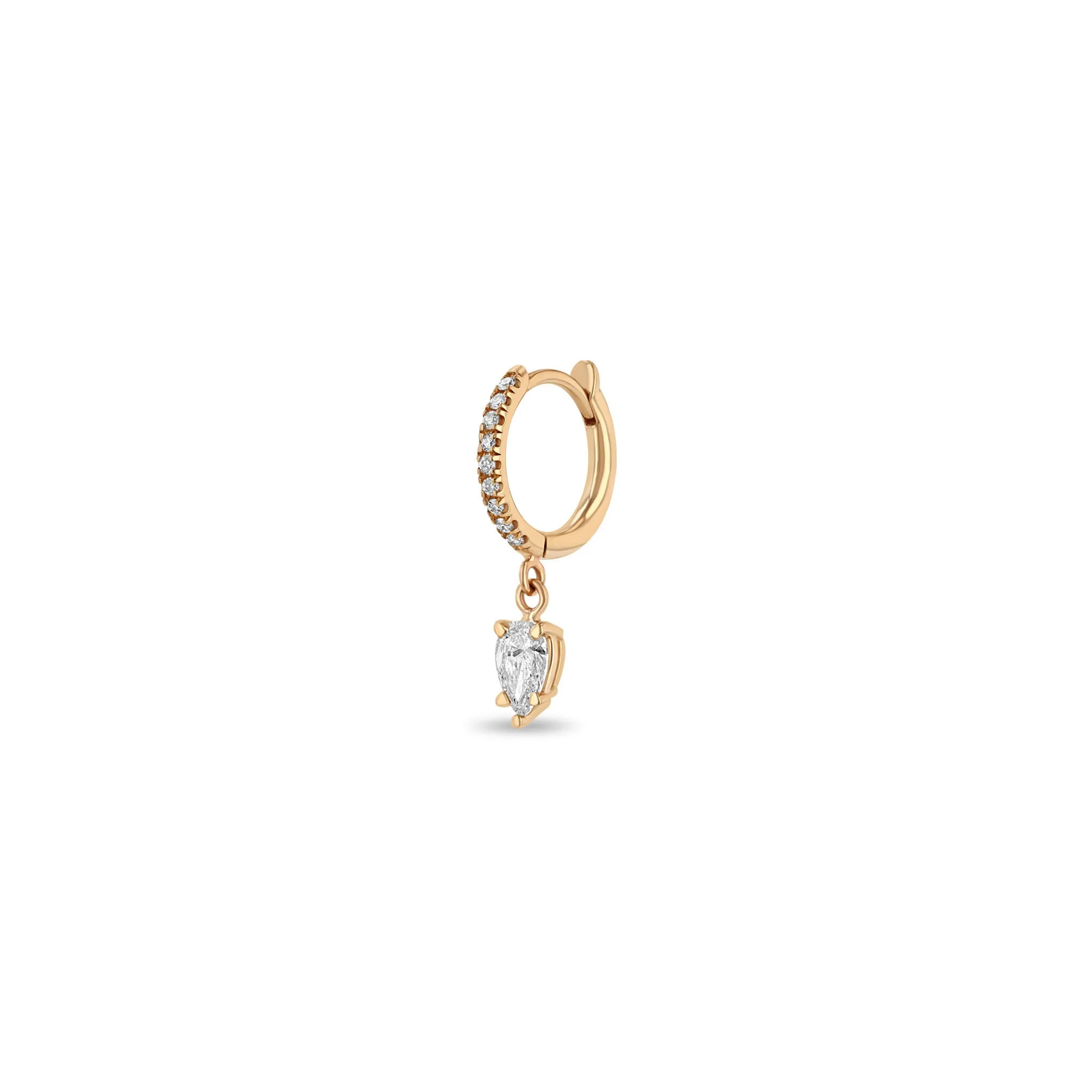 14k Dangling Pear Diamond Small Pavé Diamond Hinge Huggie Hoops