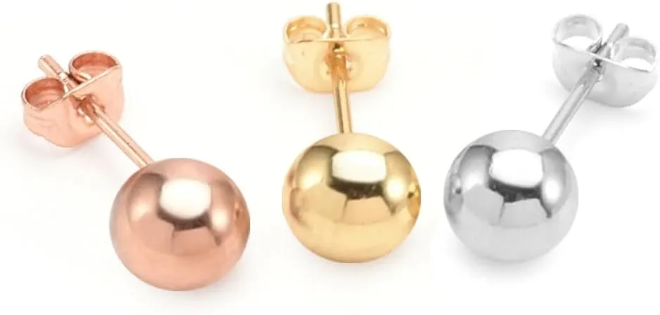 14K Genuine Gold Round Ball Stud Earrings Set (3 Pairs) in 3MM, 4MM, and 5MM Sizes - Multiple Color Options Available