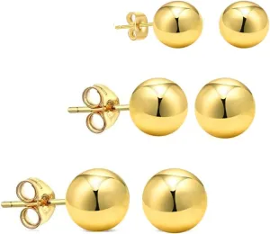 14K Genuine Gold Round Ball Stud Earrings Set (3 Pairs) in 3MM, 4MM, and 5MM Sizes - Multiple Color Options Available