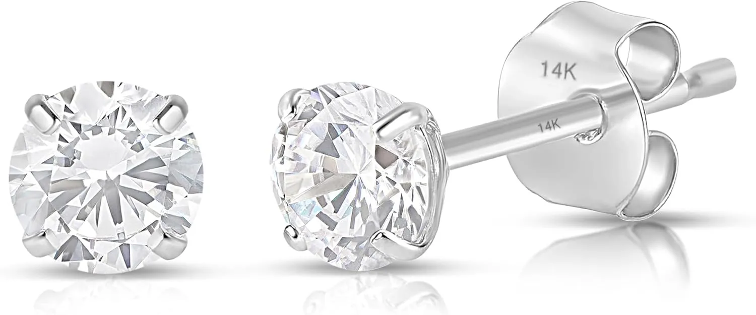 14k Gold AAAAA Cubic Zirconia Earrings Studs | Round Brilliant CZ Studs Real Gold Earrings by MAX   STONE
