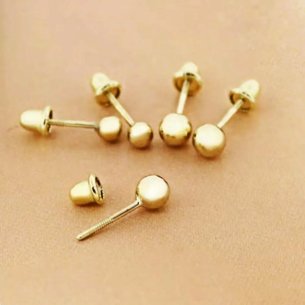 14k Gold Ball Stud Earrings with Solitaire Round Cubic Zirconia in Secure Screw-back Design